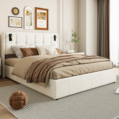OLIVIBED Cama tapizada de 160 x 200 cm con somier, cama doble con cabecero y espacio de almacenamiento, elegante estructura de cama para adultos y adolescentes, sin colchón, franela, beige