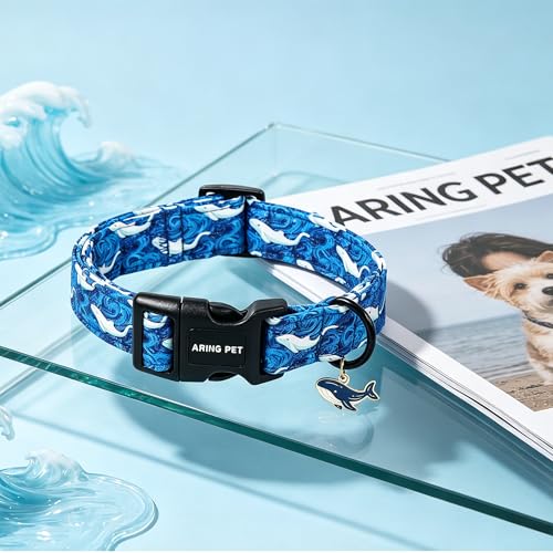 Image of ARING PET Summer Dog Collar, Cute Blue Ocean White Whale Doggy Collars for Puppy Small Medium Large Boy Girl Dogs Pet, for Daily Photos Beach Walking Hiking Picnic-XL