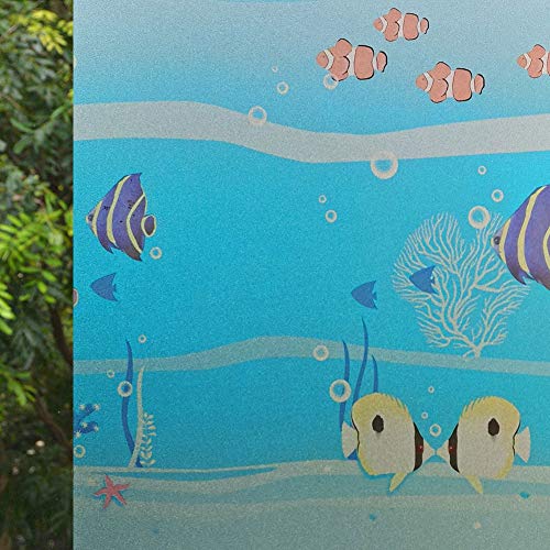 VSUDOVSUDO 17.7" x 157.5" No Glue Static Cling Privacy Window Film, Ocean Fish Pattern Home Decor Window Tint Sticker (19.38 sq. ft)