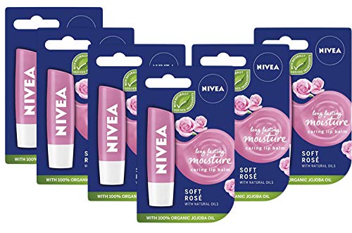 Nivea Caring Lip Balm, Soft Rose with Natural Oils, Winter Essential for Dry Lips.18 Ounce (Pack of 6)