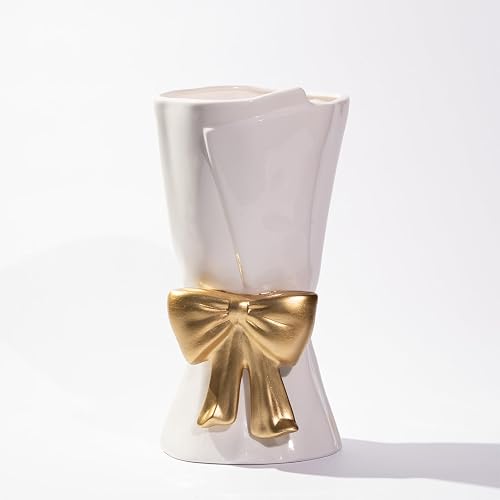 Relexome Fully Glazed White Ceramic Gold Bow Vase 9.64 in Unique Cute Modern Decorative Bouquet Flower Vases for Home Living Room Table Mother's Day Decor Women Gifts