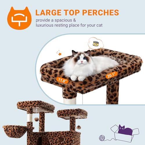Image of Allewie 81 Inches Tall Cat Tree /Multi-Level Large Climbing Tree House and Towers for Big Feline /Condo and Hammock /Scratching Post /Wide Base /Leopard Print
