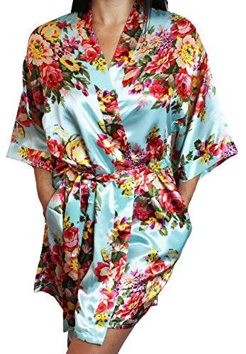 Women's Satin Floral Kimono Short Bridesmaid Robe W/Pockets - Light Blue Xs/S #TOP2