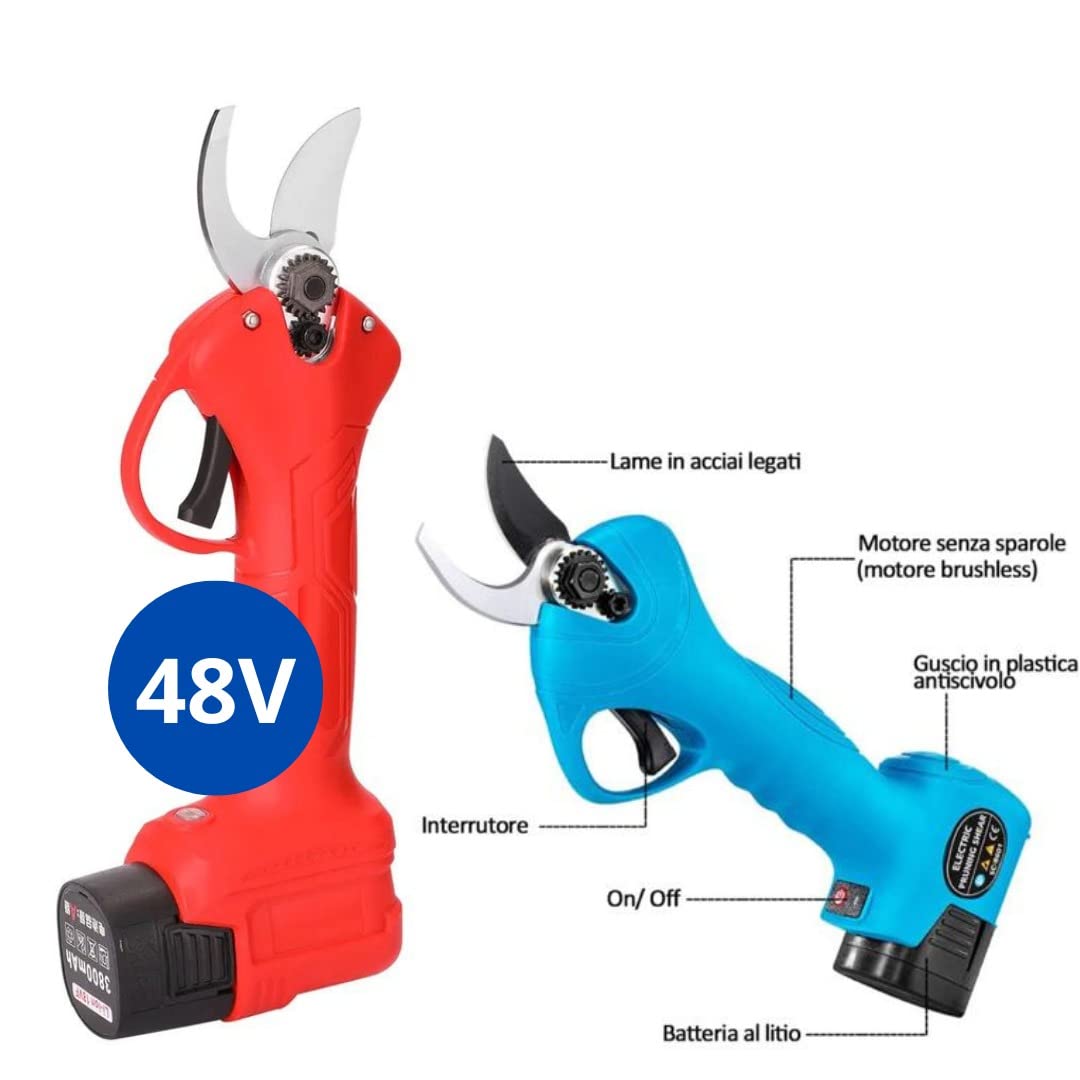 Forbici Potatura con 2 Batterie da 48V Trincia Rami Professionale Cesoie Elettriche Forbice da Giardino Alberi da Frutta Cordless Senza Fili Arbusti, verde blu