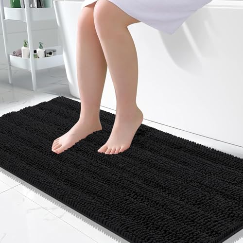 Image of OLANLY Thick Large Bathroom Rugs 50x30, Extra Soft Absorbent Chenille Striped Bath Rugs, Rubber Backing, Machine Wash Dry, Bath Mats for Bathroom Floor, Tub and Shower, Home Decor Accessories, Black