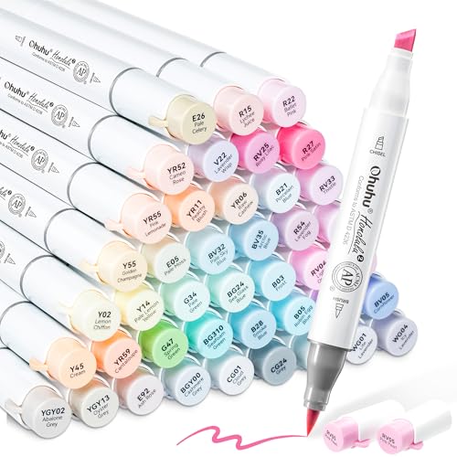 Ohuhu Pastel Alcohol Brush Markers- 48 Colors of Honolulu 2 Sweetness - AP Certificated -Alcohol Based Double Tipped Art Marker Set for Artist Adults Coloring Illustration- Brush & Chisel - Refillable
