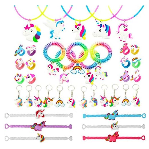 Funnyshow 40 Piezas Llavero Unicornio Pulsera Unicornio Anillo Collar Espiral Pelo Corbatas Silicona para Unicornio Infantiles Cumpleaños Fiesta Regalo
