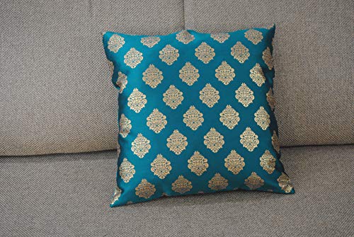 Image of PINK PARROT Dopian Silk Cushion Covers (12x12inch, Navy Blue and Greenish Blue)- Set of 5