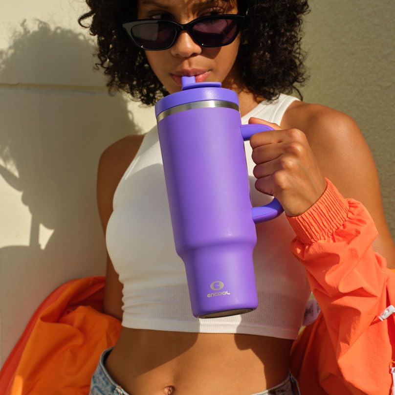 Image of 32 oz Tumbler with Handle and Straw: Stainless Steel Insulated Tumbler Keeps Cold for 24 Hours, Leakproof Travel Cup Fits in Cup Holder and BPA-Free,Violet