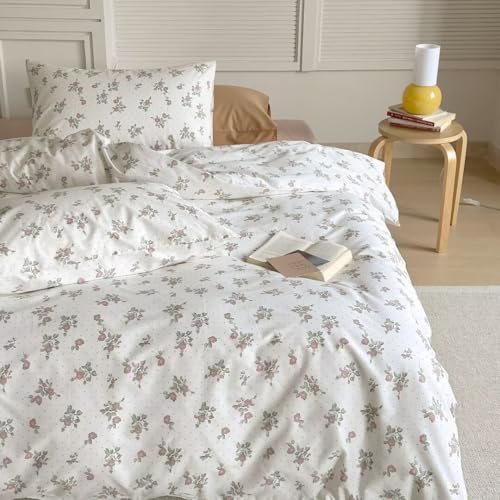 Image of MKXI Garden Floral Duvet Cover Peach Blossom Aesthetic Bedding White Print Duvet Cover Pink Floral Queen Size Cottagecore Soft Bedding 100% Cotton