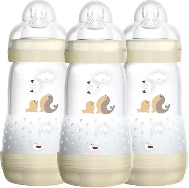 MAM Easy Start Self Sterilising Anti-Colic Bottle Pack of 3 (3 x 260 ml), MAM Baby Bottles with Medium Flow Teats, Essentials for Baby Feeding, Ivory (Designs May Vary)