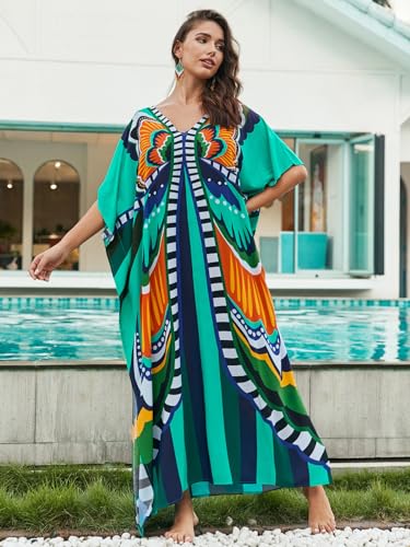 Image of sunforyou Kaftan Dresses for Women Plus Size Lightweight Swimsuit Cover up Batwing Sleeve Print Loungewear Beach Robe