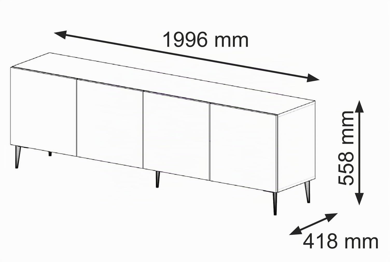 BIM Furniture Lowboard TV Schrank Ravenna B 4D 200 cm gefräste dekorierte MDF-Fronten auf goldenen Metallbeinen Stehen Unterschrank Fernsehschrank TV Board Sideboard HiFi-Tisch (Weiß Matt)