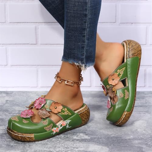 Women's Tribal Flower Platform Mules Summer Closed Toe Wedge Sandals PU Leather Non-Slip Beach Shoes4
