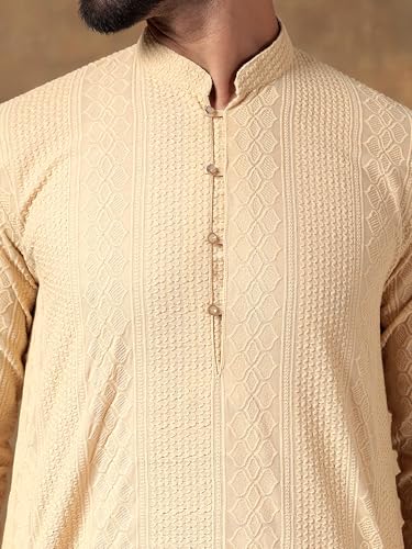 Image of Men's Solid Regular Fit Ethnic Wear White Kurta Pajama Set with Front Pocket