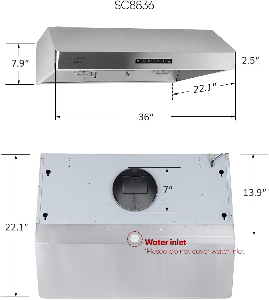 Pacific Trusteam Under Cabinet Ducted Range Hood 36" & Deflector Board - Powerful 900 CFM Kitchen Vent Hood - Stainless Steel, Ultra Quiet, Touch Control, LED Lights, Auto Cleaning SC8836BS