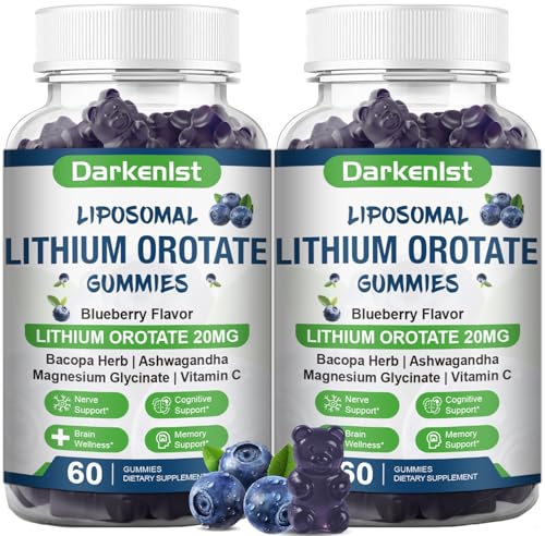 Darkenlst 2 Pack Liposomal 20MG Lithium Orotate Gummies Complex Ashwagandha Bacopa Herb Lions Mane Mushroom Magnesium Glycinate Vitamin C for Mood & Immune Support Digestive System Support
