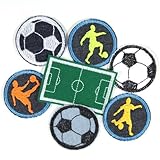 Hosenflicken Jeans blau, dunkelblau mit Fussballspieler und Fussball als Flicken zum aufbügeln Durchmesser 5 cm als Fussballplatz 4,7 x 7 cm Applikationen für Kinder und Erwachsene Fußballfans