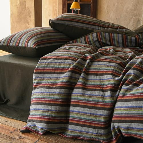 Image of VM VOUGEMARKET Vintage Striped Double Layer Gauze Duvet Cover Set Queen,Boho Multicolor Stripes Bedding Set,Soft Breathable Muslin Cotton Comforter Cover for Cottagecore Cozy Cabin Bedroom Decor