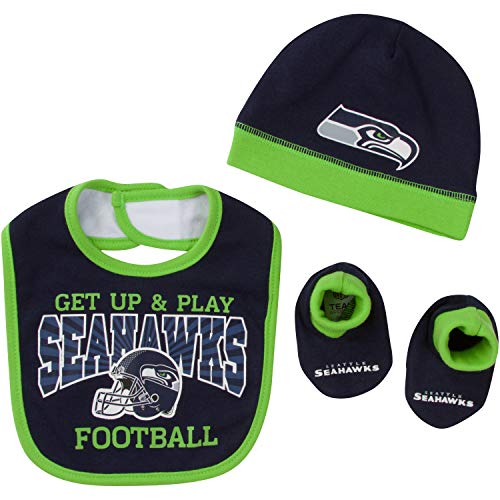 NFL Seattle Seahawks Unisex-Baby Cap, Bootie & Bib Set, Blue, 0-6 Months