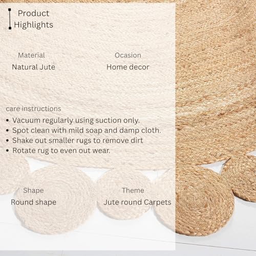 Image of Rounds Jute Carpet - Handwoven Natural Fiber Rug for Living Room, Bedroom, Entryway | Boho Chic Eco-Friendly Area Rug | Rustic Designer Floor Mat:-(Jute Tikki, 6x6 feet