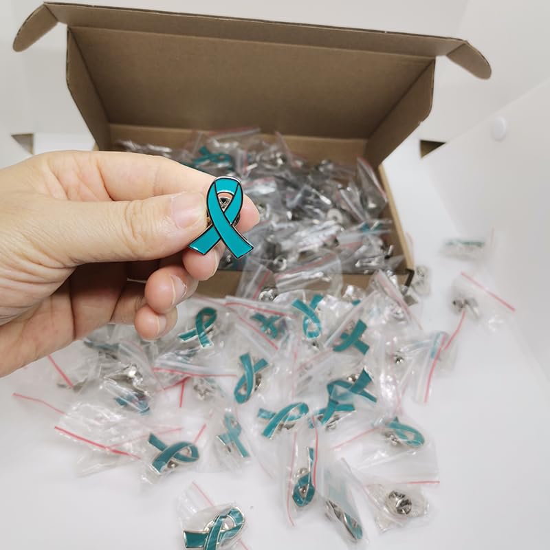 Image of 100pcs Teal Ribbon Pins Cervical Ovarian Cancer, Substance Abuse, Sexual Violence Awareness enamel lapel Brooch Hope Pin