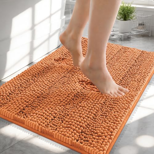 Image of OLANLY Thick Small Bathroom Rugs 24x16, Extra Soft Absorbent Chenille Striped Bath Rugs, Rubber Backing, Machine Wash, Bath Mats for Bathroom Floor, Tub and Shower, Home Decor Accessories, Clay