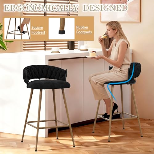 Butacos de Barra Set de 4, Butacos Modernos con Espaldar para Isla de Cocina, Altura de Barra 30'', Tapizados en Terciopelo con Patas de Metal, Color Negro miniatura 5