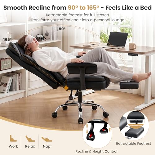 Image of Big & Tall Office Chair, Ergonomic High Back with Footrest Black | 400 LBS Heavy Duty Steel Frame for Plus-Size Users, 23.6 inch Wide Cushioned Seat, 165 Recline, Ajustable Arms, Lumbar Support