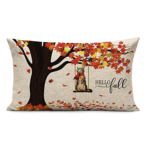 Hello Fall Throw Pillow Covers 12x20 Inch Fall Cat Pillow Cover Seasonal Autumn Thanksgiving Decor Farmhouse Harvest Linen Cushion Case Decorations for Sofa Couch (Double Sided Printed)