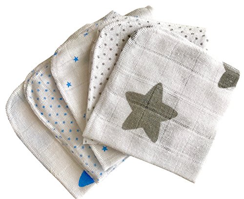 Babymajawelt® Baby Mull Waschlappen Premium, Stoff Weich, Baumwolle 5er710er-Sets, Allzwecktücher, Waschlappen für Babypflege & Co. (Stars grau-blau 25x25cm (5er Set))