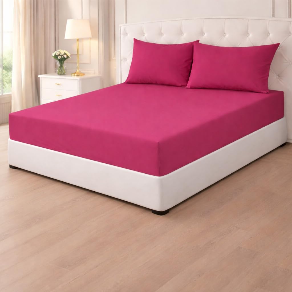 Poly Cotton Fitted Sheets 25cm,Plain PolyCotton Fitted Bed Sheets,Shrinkage & Fade Resistant Percale Quality Fitted Sheets,Non Iron Easy Care (Fuchsia, Single)