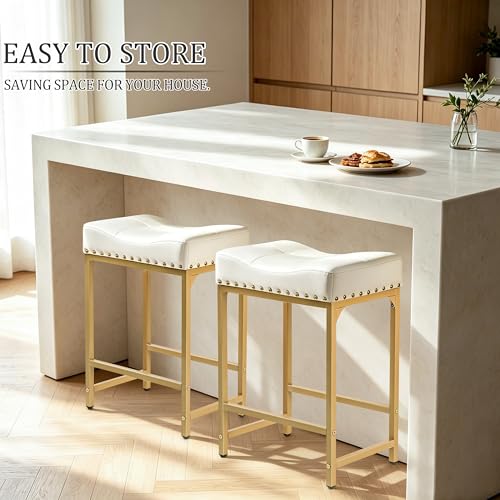 Image of Bar Stools Set of 2, 24 Inch Gold White Counter Height Stools with Cushion, Faux Leather, Metal Frame, Modern Style Stools for Kitchen Counter Island