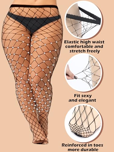 Image of Geyoga 6 Pair Plus Size Rhinestone Fishnets Stockings Glitter Sparkly Tights High Waist Black Fishnet Pantyhose for Women