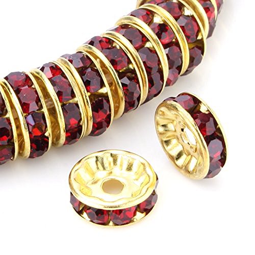 100pcs Adabele AAA Grade 4mm (0.16 Inch) Small Rhinestone Rondelle Beads 18K Yellow Gold Plated Brass Spacer Siam Red Crystal for DIY Craft Jewelry Making CF4-405