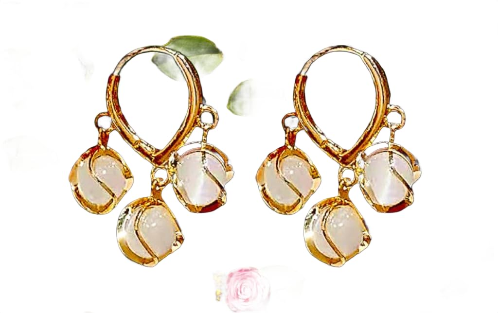 Fancy Golden Hoop Earrings for Girls & Women | Stylish White Stone Beads Dangling Design | Lightweight Daily Wears Jewelry | Elegant Party, Wedding & Office Look Earrings
