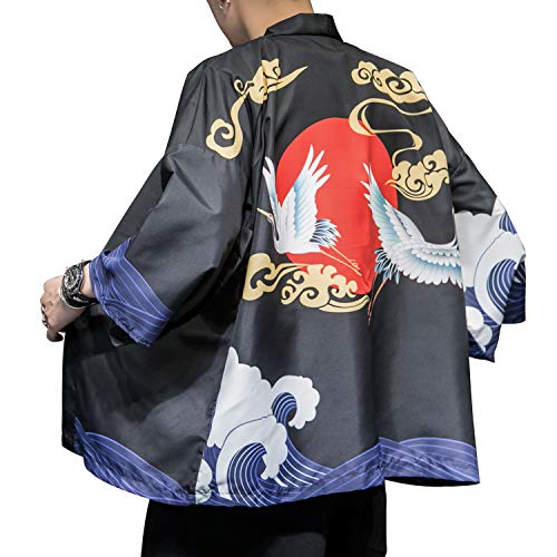 Image of PRIJOUHE Men's Japanese Kimono Cardigan Jackets Casual Long Sleeve Open Front Coat Lightweight Yukata Outwear