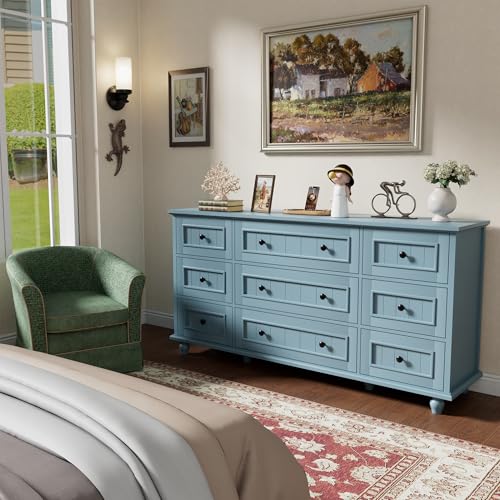 Image of Scurrty Blue 9 Drawer Dresser, Large Chest of Drawers for Closet Storage