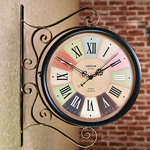 CKKNILV Outdoor Garden Wall Clock, Wrought Iron Retro Double Sided Station Clock Garden Clock 360° Rotation Waterproof Outdoor Clock Decoration Outside Clock