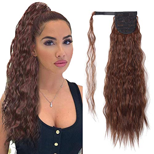 22 Inch Long Water Wave Ponytail Synthetic Fiber Corn Wave Ponytails Hair Piece Wrap Around With Magic Paste Curly Wavy Pony Tail Clip in Hair Extensions for Women (#30)