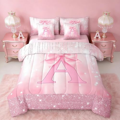 Image of Feelyou Kids Pink Bowknot Bed in A Bag Full Size, Personalized Initial A Comforter Set with Sheets Princess Glitter 7 Pieces Bedding Set Boys Girls Bow Alphabet Teens Bed Set Bedroom Decor 7Pcs