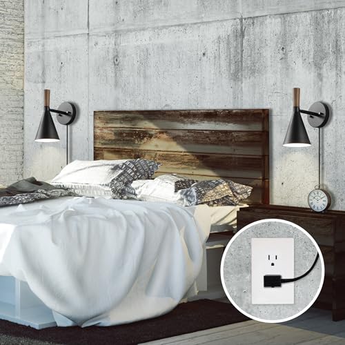 Image of Globe Electric Plug-in or Hardwire Wall Sconce, Matte Black, Wood-Tone Switch, Metal Shade, 6-Foot Cord, 65000101