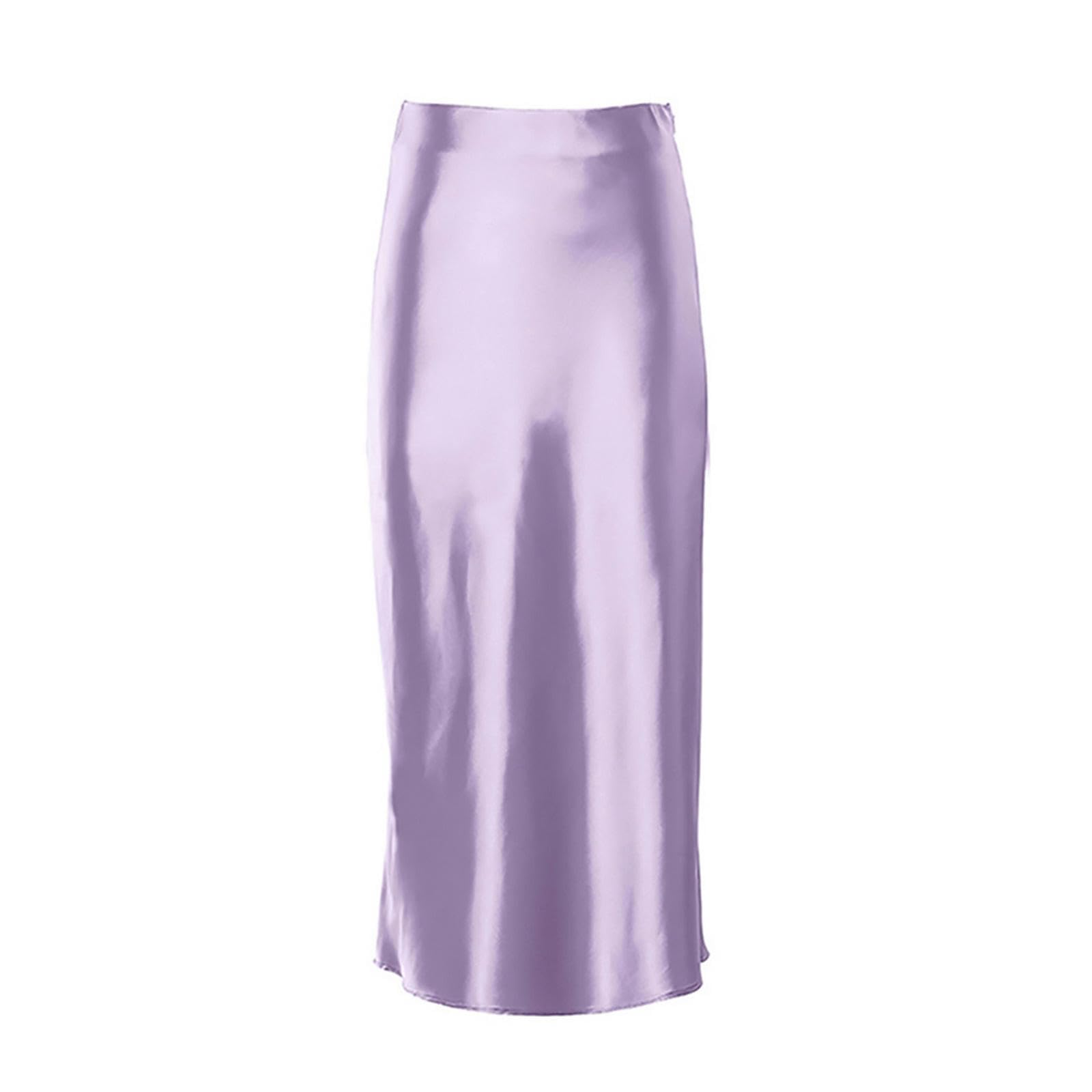 TEidea Satynowa spódnica letnia z wysokim stanem, fioletowa satynowa spódnica maxi dla kobiet, elegancka i urocza spódnica midi do biura