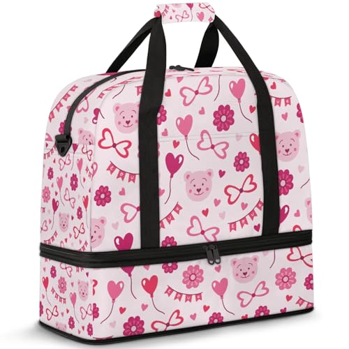 Large Weekender Overnight Bags Pink Flower Love Travel Duffel Bag for Women Men Gym Bags With Shoe Compartment Foldie Travel Tote Bag Carry On Personal Item Bag for Travel Gym Sports