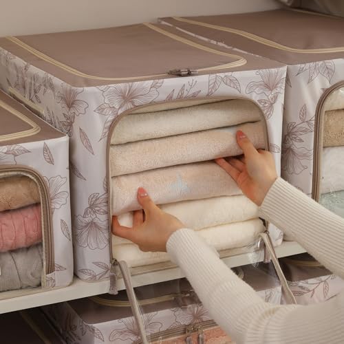 Image of HOKIPO Folding Storage Box and Organiser for Clothes, 600D Oxford Fabric Storage Box, Latte Floral - Large Pack of 1 (AR-6489-LBR)