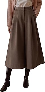 Women's Wool Culottes Capri Cropped Pants Pleated Elastic High Waist Wid...
