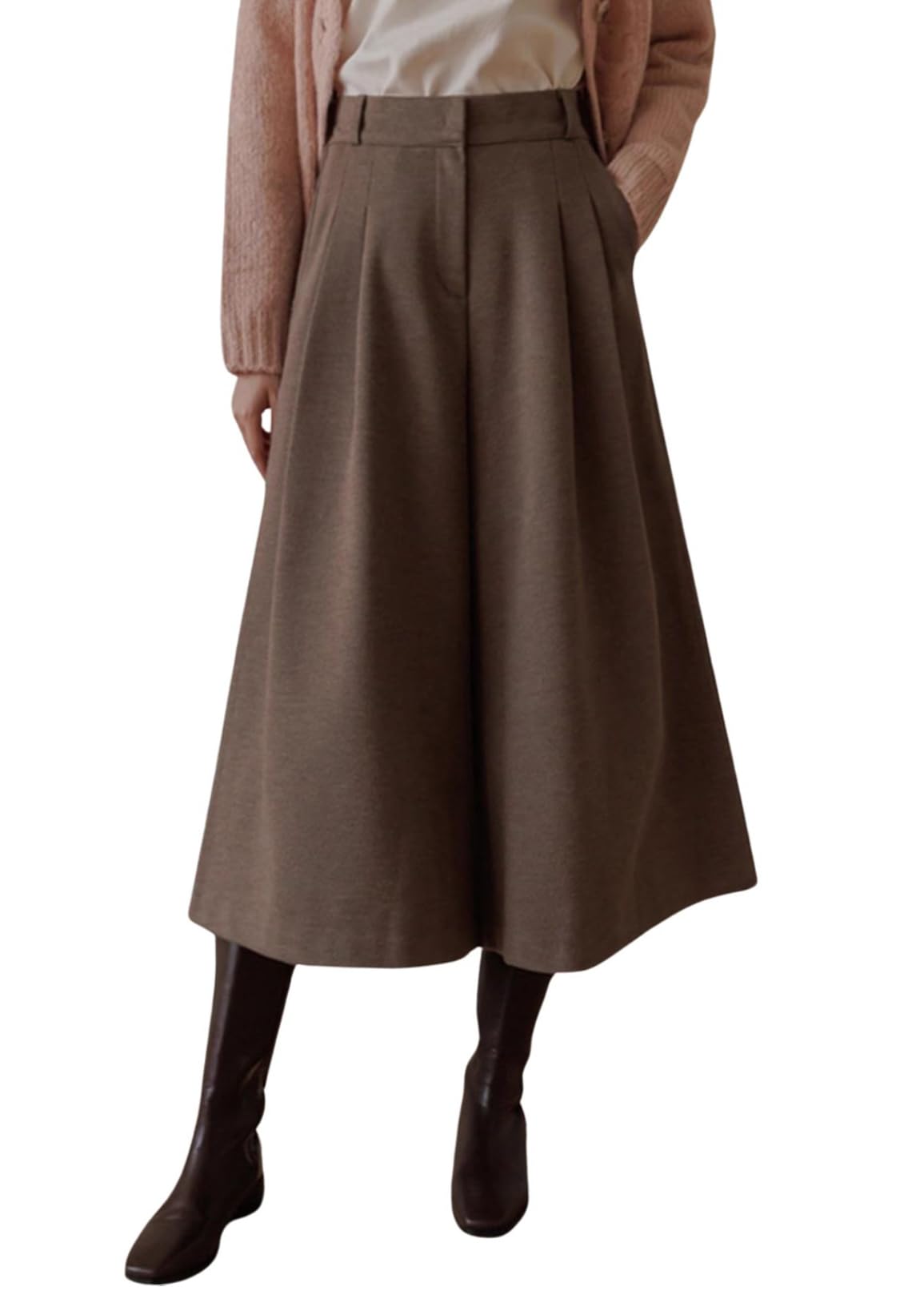 chouyatou Womens Wool Culottes Capri Cropped Pants Pleated Elastic High Waist Wide Leg Palazzo Trouser