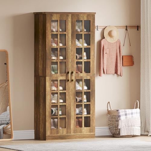 Image of Tribesigns Tall Shoe Cabinet with Doors, 8-Tier Shoe Storage with Adjustable Shelves, Modern Shoe Organizer Shoe Rack Cabinet for Entryway, Hallway, Closet, Living Room, Rustic Brown