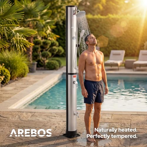 Arebos Prysznic solarny 40 l | z wbudowanym termometrem | słuchawka prysznicowa | obracana głowica prysznicowa | z prysznicem nożnym i przyłączem węża ogrodowego | w zestawie materiały montażowe i pokrywa | funkcja Aquastop | srebrny
