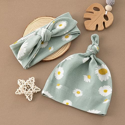 Image of BabyWhale Muslin Swaddle Blanket with Hat and Headband Bow, Daisy Pattern Swaddle Set for Baby Boys & Girls, Soft Receiving Blanket, 47x47 inches, Green